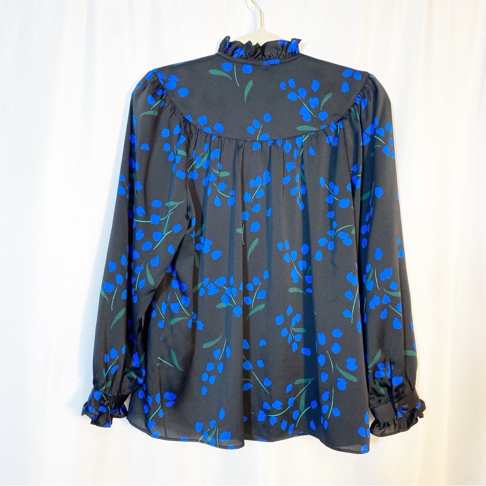 NEW Kate Spade Seabreeze Floral Ruffle Blouse Top Long Sleeve Black Blue - Picture 4 of 13